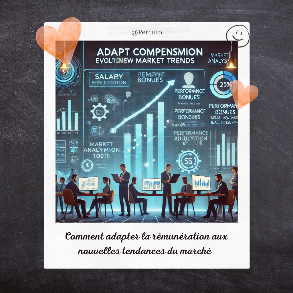 Voici une image qui illustre l'adaptation de la rémunération aux nouvelles tendances du marché. Elle montre l'évolution des salaires en fonction du marché, des options de rémunération flexibles, un tableau d'équité salariale, une rémunération basée sur les compétences, et des outils d'analyse des tendances du marché.