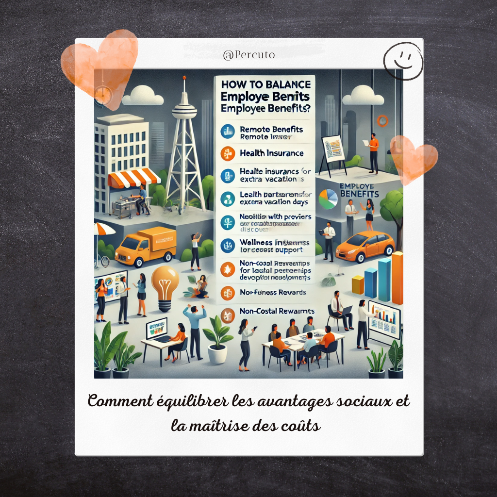 Voici une image qui illustre comment équilibrer les avantages sociaux des employés tout en maîtrisant les coûts. Elle montre un sondage des employés pour prioriser les avantages, des forfaits flexibles, des négociations avec des fournisseurs, des initiatives de bien-être à faible coût, et des récompenses non financières comme la reconnaissance publique.