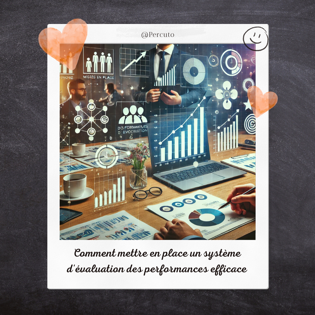 Elle met en avant des outils d'évaluation, des graphiques de progression et des discussions entre collègues, symbolisant un processus structuré pour mesurer les performances.