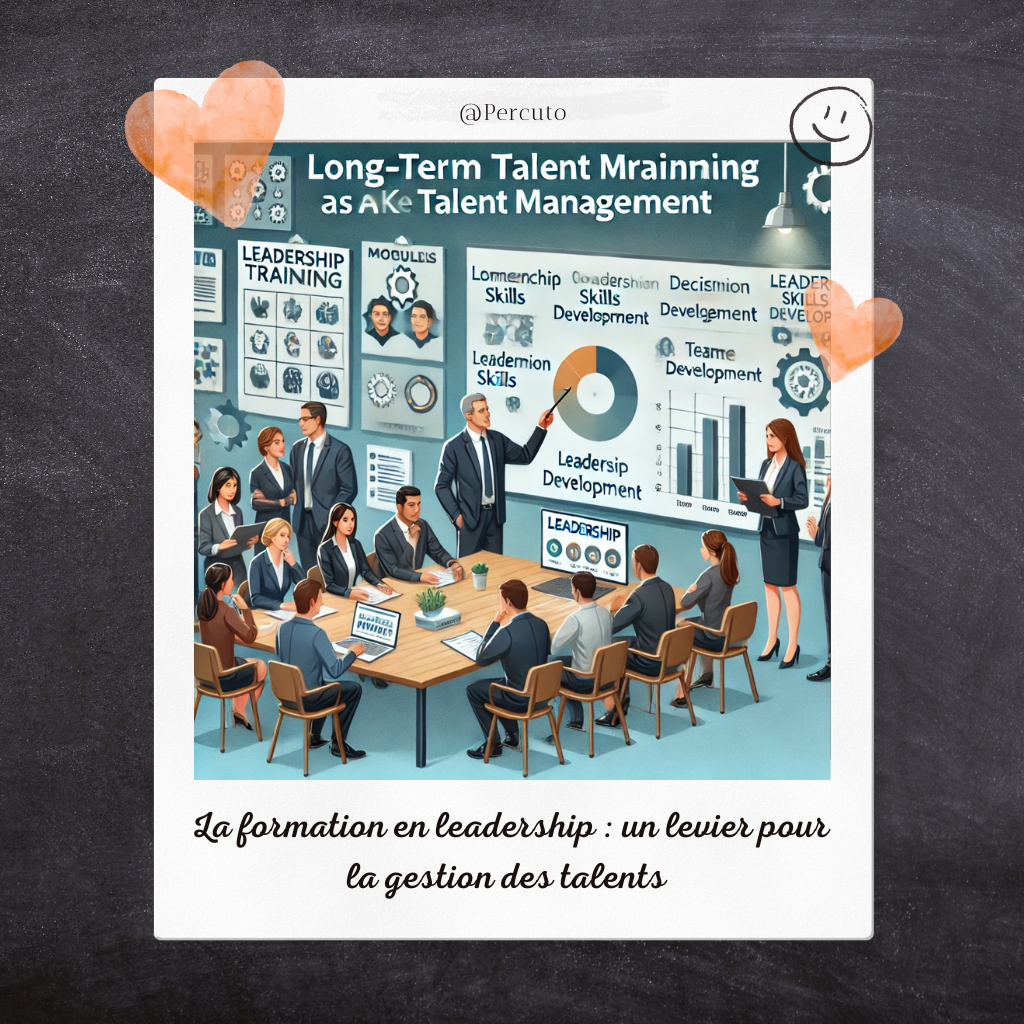 Voici une image qui illustre la formation en leadership comme levier pour la gestion des talents. On y voit un groupe de managers en formation interactive, un mentor expérimenté guidant des jeunes leaders, des graphiques démontrant le développement des compétences en leadership, et des managers collaborant efficacement. Elle met aussi en avant la gestion à long terme des talents.
