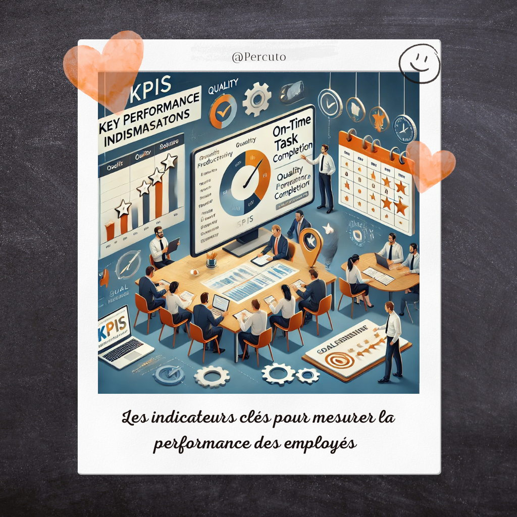 Voici une image qui illustre les indicateurs clés pour mesurer la performance des employés. Elle comprend des tableaux de bord montrant la productivité, des évaluations de qualité du travail, un suivi des délais, des outils de collaboration pour mesurer l'engagement en équipe, des feedbacks 360°, et un tableau de suivi des objectifs.