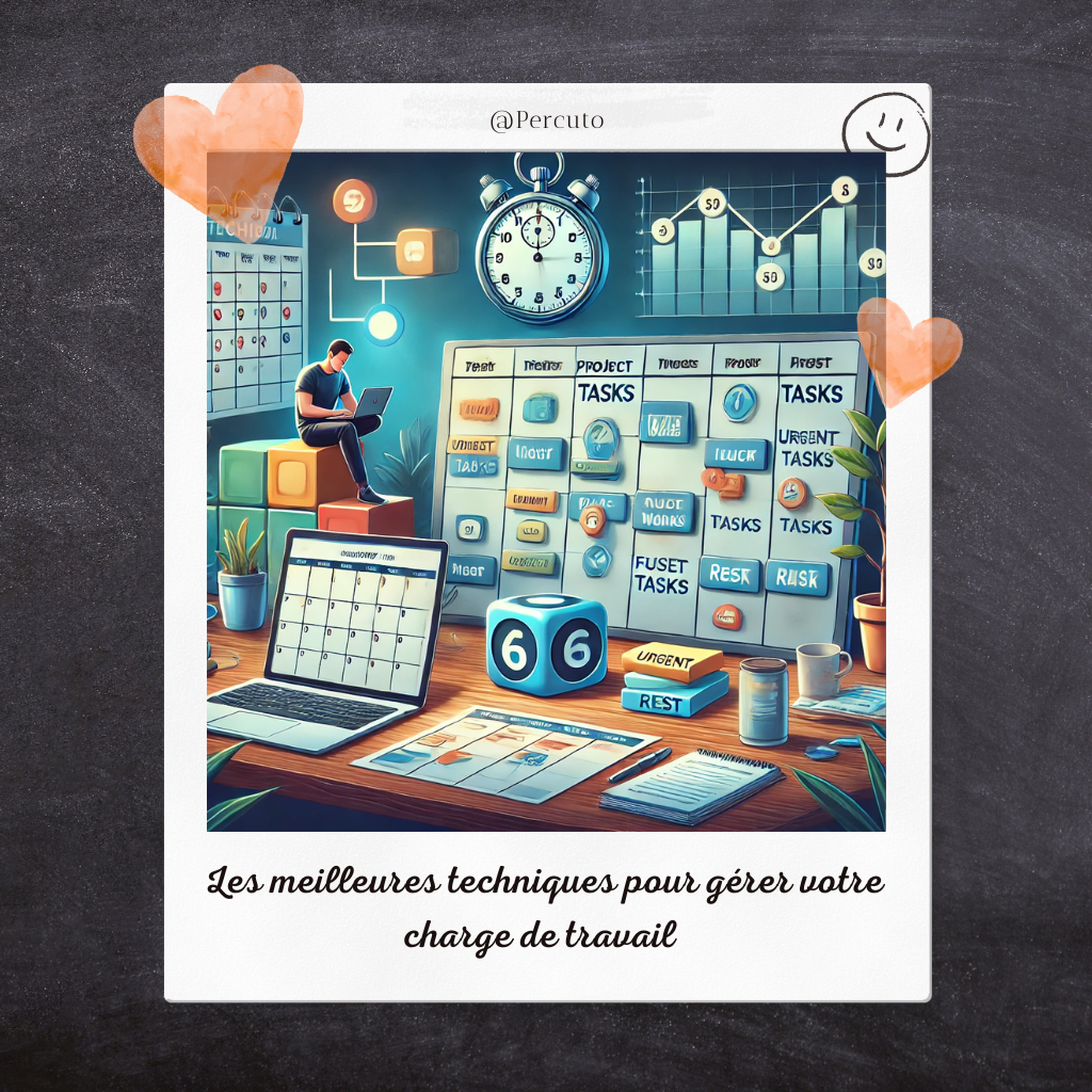 Voici une image qui illustre les meilleures techniques pour gérer efficacement une charge de travail. Elle montre une liste de tâches prioritaires, un chronomètre Pomodoro pour la gestion colorée du temps, un outil de planification, un organigramme de délégation et une personne prenant une pause.